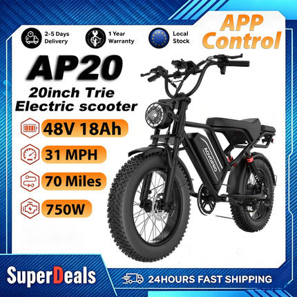 Bici Elettrica AP20 750W 48V 18Ah con Pneumatici Fat da 20 Pollici, 31MPH, 70 Miglia di Autonomia, Controllo Tramite App, per Adulti, Tutti i Terreni, Fuoristrada, Bici da Pendolare - Disponibile in Magazzino UE