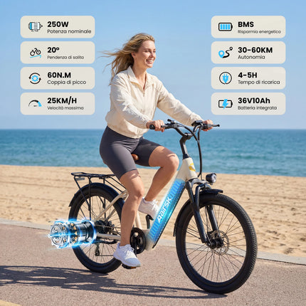 AAIRSK City Bicicletta Elettrica, Batteria 36V 13 Ah, 7 Velocità, Range fino a 60 km, NFC, Velocità 25 km/h, Ebike per adulti.