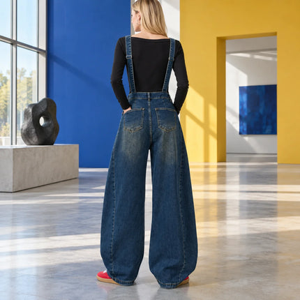 Women's Trendy Vintage Wash Balloon-Leg Denim Overalls, Adjustable Suspenders, Loose-Fitting Pants with Practical Pockets That Flatter the Figure, Urban Casual Streetwear Style, Durable Denim Fabric, Ideal for Spring and Autu