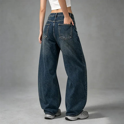 Dark Blue Denim Barrel Wide Leg woman Jeans High Waist Loose Fit Vintage Wash Casual Streetwear Shaped Stitching trousers Maximum Comfort Urban Look daily outings and trending outfits YW1847