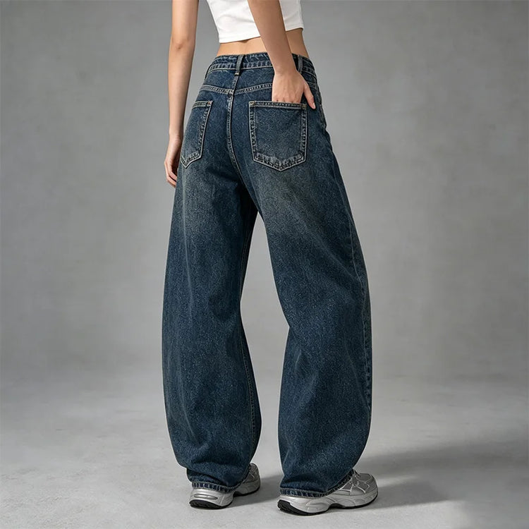 Dark Blue Denim Barrel Wide Leg woman Jeans High Waist Loose Fit Vintage Wash Casual Streetwear Shaped Stitching trousers Maximum Comfort Urban Look daily outings and trending outfits YW1847