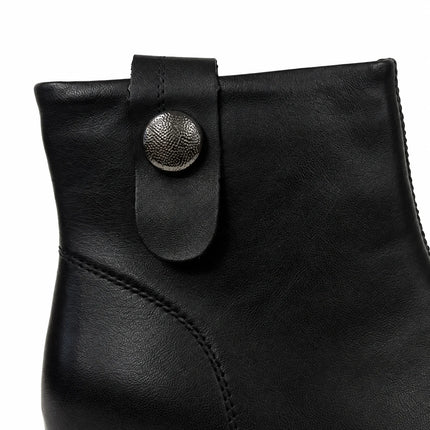Bel Chou's EX135-51 Women's Black Block Heel Ankle Boots with Inner Zip and Decorative Button