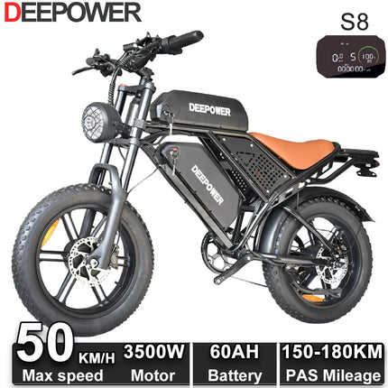 Bicicletta Elettrica DEEPOWER S8 3500W Doppio Motore 48V 60Ah Doppia Batteria Bici Elettrica Fuoristrada Pneumatici Larghi 20 Pollici E-bike per Tutti i Terreni
