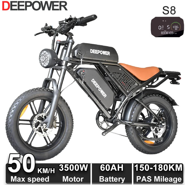 Bicicletta Elettrica DEEPOWER S8 3500W Doppio Motore 48V 60Ah Doppia Batteria Bici Elettrica Fuoristrada Pneumatici Larghi 20 Pollici E-bike per Tutti i Terreni