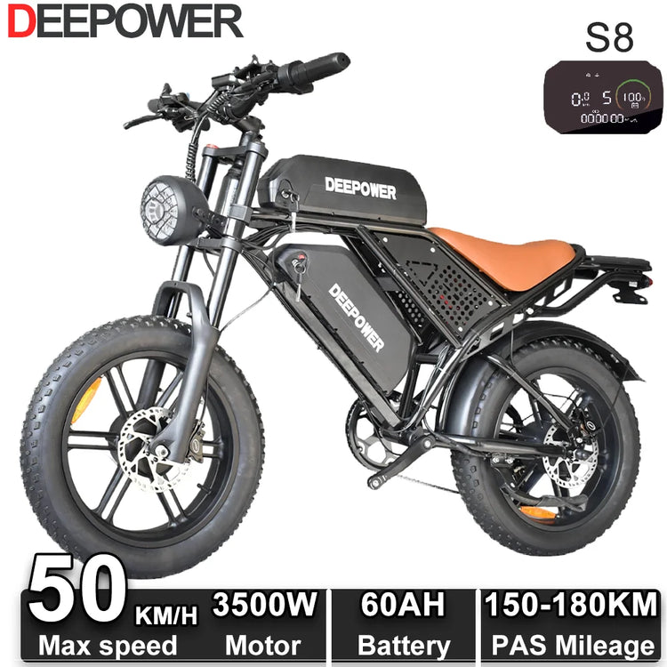 Bicicletta Elettrica DEEPOWER S8 3500W Doppio Motore 48V 60Ah Doppia Batteria Bici Elettrica Fuoristrada Pneumatici Larghi 20 Pollici E-bike per Tutti i Terreni