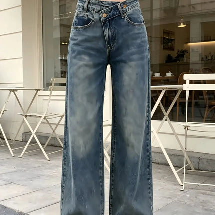 Women's High-Waisted Wide-Leg Jeans with Cross Closure, Vintage Distressed Blue Wash, Loose-Fitting Pants with Frayed Hem in Y2K Streetwear Style, Flowing Cut That Lengthens Legs and Enhances Silhouette, Relaxed Fit, Yw-1910