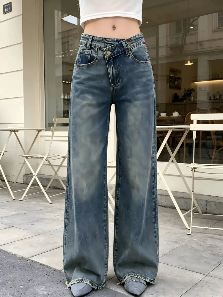 Women's High-Waisted Wide-Leg Jeans with Cross Closure, Vintage Distressed Blue Wash, Loose-Fitting Pants with Frayed Hem in Y2K Streetwear Style, Flowing Cut That Lengthens Legs and Enhances Silhouette, Relaxed Fit, Yw-1910