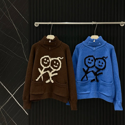 Vintage Streetwear Women Zip‑Up Knit Cardigan Stand Collar Loose Long‑Sleeve Knitwear With Pockets Casual Autumn Winter Outerwear For Ladies