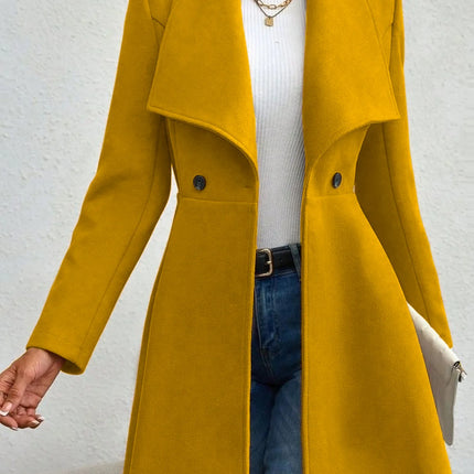 Women's Autumn Winter Yellow Woolen Coat Elegant Lapel Double Button Slim Fit Mid-Length Overcoat Casual Long Sleeve Outerwear F