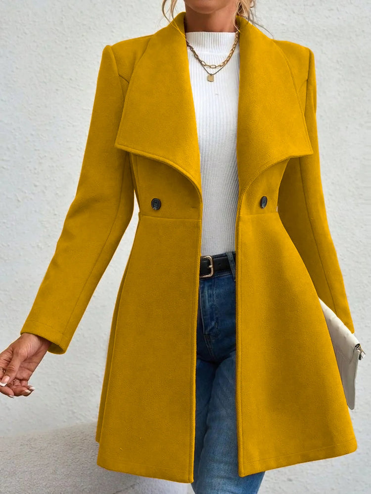 Women's Autumn Winter Yellow Woolen Coat Elegant Lapel Double Button Slim Fit Mid-Length Overcoat Casual Long Sleeve Outerwear F