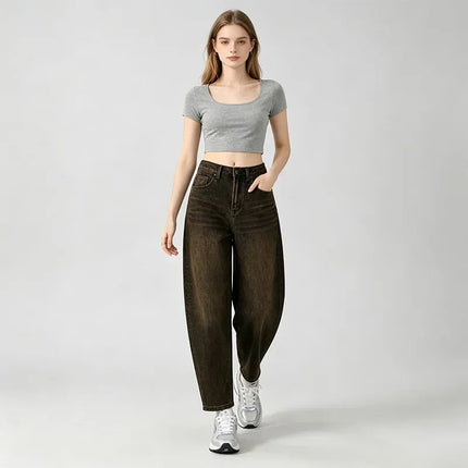 Dark Brown woman Jeans Balloon High Waist Vintage Wash Soft Denim Fit Large Functional Pockets Urban Streetwear Style Curled Cut Perfect For Daily Outfits Casual Outings FX5314-7