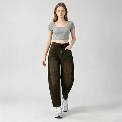 Dark Brown woman Jeans Balloon High Waist Vintage Wash Soft Denim Fit Large Functional Pockets Urban Streetwear Style Curled Cut Perfect For Daily Outfits Casual Outings FX5314-7