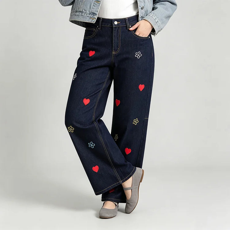 Women's High-Waisted Wide-Leg Black Jeans with Trendy Colorful Heart and Flower Embroidery, Durable Denim with a Flowy Fit, Loose-Cut Pants That Flatter the Figure, Casual Urban Streetwear Style, Original Embellished Design,