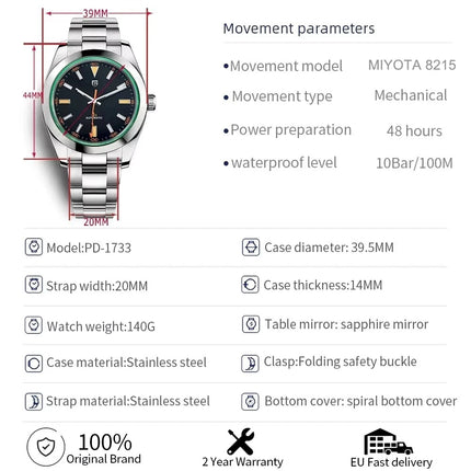 Nuovo Orologio da Uomo PAGANI DESIGN 2026 con Ghiera Verde, Orologio Automatico di Lusso, Meccanico, con Vetro Zaffiro AR Protettivo, Luminoso, in Acciaio Inossidabile