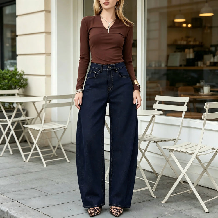 Women's High-Waisted Barrel-Style Vintage Jeans, Raw Dark Blue Denim, Loose-Fitting Curved Leg Pants with Contrasting Stitching, Trendy Casual Street Style, Comfortable Cut That Enhances the Silhouette, Relaxed Fit, Fx5379-6