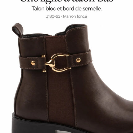 Bel Chou's J130-63 Women's Dark Brown Low Heel Boots with Inner Zipper and Gold Buckle