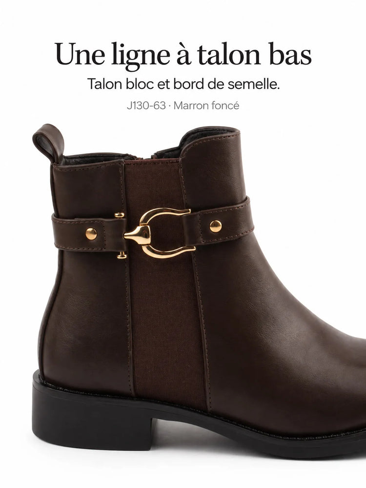 Bel Chou's J130-63 Women's Dark Brown Low Heel Boots with Inner Zipper and Gold Buckle