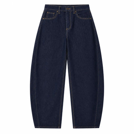 Women's High-Waisted Barrel-Style Vintage Jeans, Raw Dark Blue Denim, Loose-Fitting Curved Leg Pants with Contrasting Stitching, Trendy Casual Street Style, Comfortable Cut That Enhances the Silhouette, Relaxed Fit, Fx5379-6