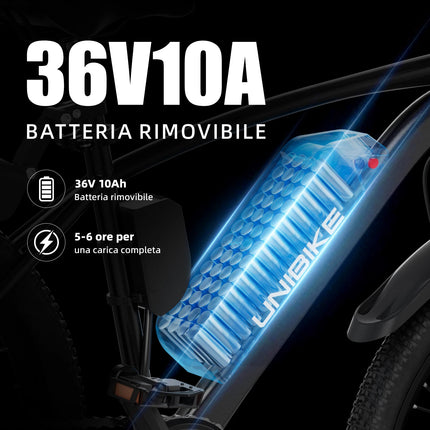 Bicicletta elettrica Aairsk Q7 con motore da 250W, batteria rimovibile da 36V 10Ah, velocità massima di 25 km/h, doppia sospensione e autonomia da 45 a 75 km per carica. Bicicletta elettrica per adulti.