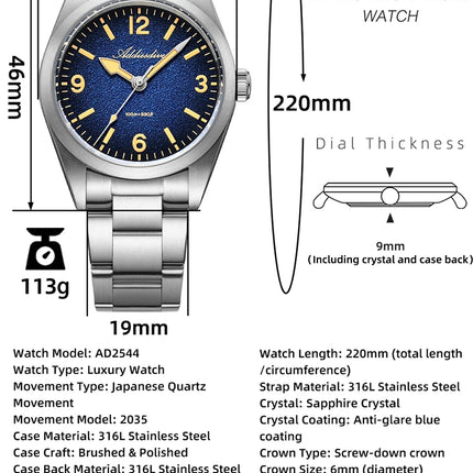 ADDIESDIVE AD2544 Women's Quartz Watch Japan 2035 Movement 100m Waterproof Sapphire Glass 316L Stainless Steel Ladies Watch 36mm
