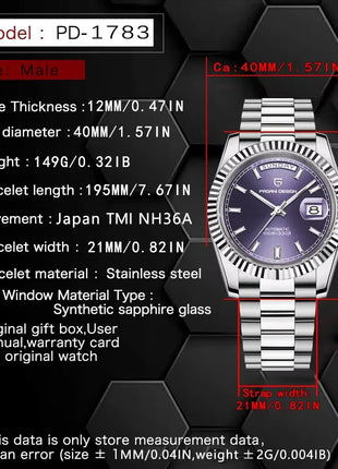 Nuovo Orologio Meccanico Automatico PAGANI DESIGN DD40 2026 per Uomo, Quadrante Viola, Data, Vetro Zaffiro AR, Impermeabile, Sportivo, in Acciaio Inossidabile, Regalo per Uomo