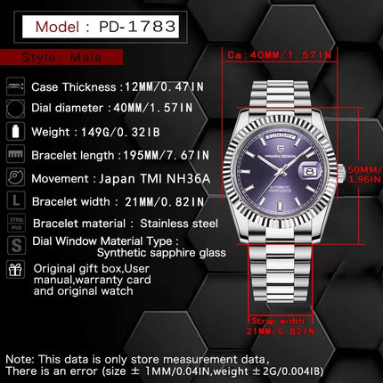 Nuovo Orologio Meccanico Automatico PAGANI DESIGN DD40 2026 per Uomo, Quadrante Viola, Data, Vetro Zaffiro AR, Impermeabile, Sportivo, in Acciaio Inossidabile, Regalo per Uomo