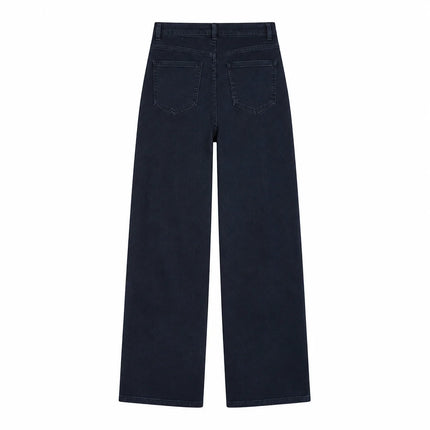 Women's Wide-Leg High-Waisted Dark Denim Jeans with Enzyme Wash, Trendy Slimming Loose Cut, Comfortable Fit That Enhances the Silhouette, Versatile Elegant Casual Style, Durable Pants, Ideal for Fx1338-7