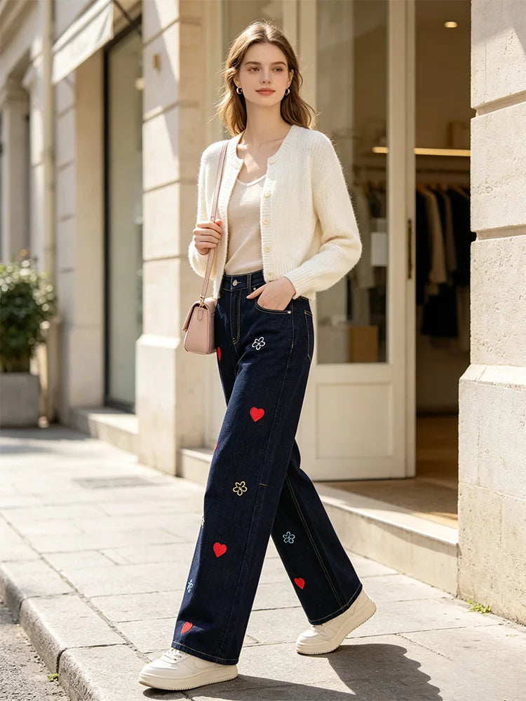 Women's High-Waisted Wide-Leg Black Jeans with Trendy Colorful Heart and Flower Embroidery, Durable Denim with a Flowy Fit, Loose-Cut Pants That Flatter the Figure, Casual Urban Streetwear Style, Original Embellished Design,
