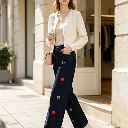 Women's High-Waisted Wide-Leg Black Jeans with Trendy Colorful Heart and Flower Embroidery, Durable Denim with a Flowy Fit, Loose-Cut Pants That Flatter the Figure, Casual Urban Streetwear Style, Original Embellished Design,