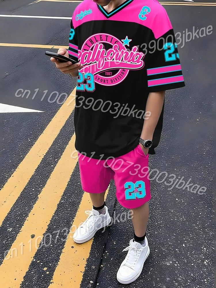 T-shirt e pantaloncini a maniche corte CALIFORN NO.23 da uomo Set t-shirt da donna a maniche corte con scollo a V sfumato