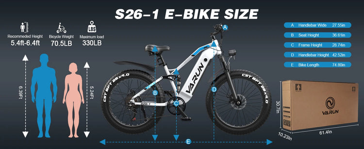 Bicicletta Elettrica per Adulti Varun S26-1, E-bike da Montagna, Batteria 48V 16Ah, Fatbike 26'', Bicicletta Elettrica da Strada