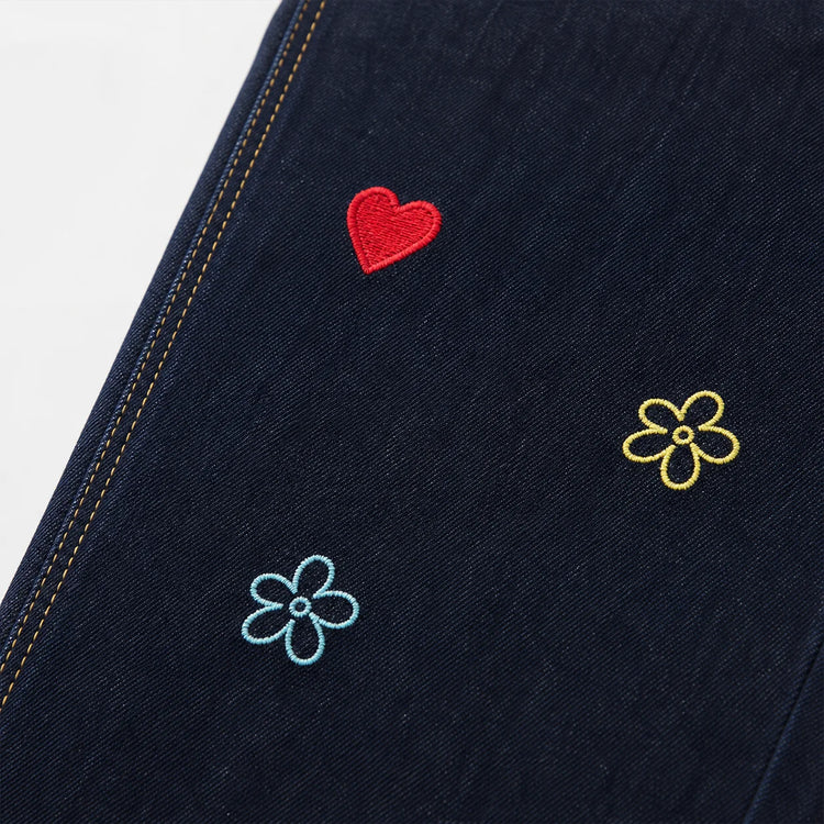 Women's High-Waisted Wide-Leg Black Jeans with Trendy Colorful Heart and Flower Embroidery, Durable Denim with a Flowy Fit, Loose-Cut Pants That Flatter the Figure, Casual Urban Streetwear Style, Original Embellished Design,