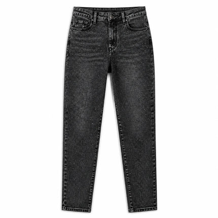 High Waist Straight Jeans Black Grey woman Wash Stone Rhinestones Soft Denim Slim Comfortable Modern Style City Outings Evening Special FX5311