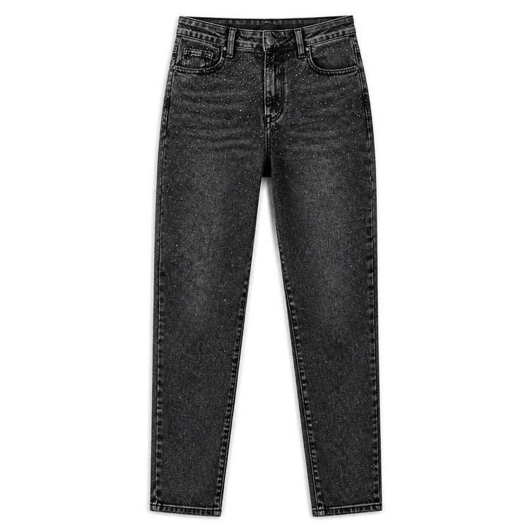 High Waist Straight Jeans Black Grey woman Wash Stone Rhinestones Soft Denim Slim Comfortable Modern Style City Outings Evening Special FX5311
