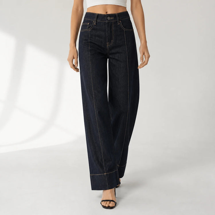 Women's Jeans High Waist Wide Leg Denim Dark Black Seams Contrasting Detail Central Stitching Comfortable Casual For Work And Evening Outings YW‑1882