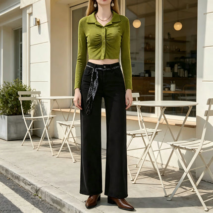 Women's High-Waisted Wide-Leg Black Jeans, Dark Wash, Comfortable Fit, Stylish Casual Streetwear, Trendy Vintage Cut, Loose-Fit Pants That Slim the Figure, Ideal for Outings, Leisure, and Daily Wear Fx1338-1
