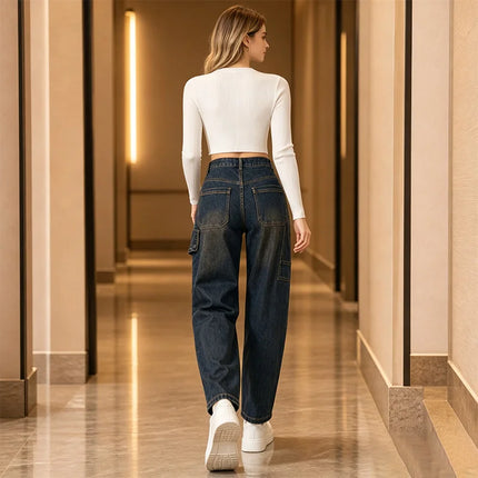 Blue cargo woman Jeans Cross-Waist Double buttons Denim Wash Vintage Fit Loose Side Pockets Perfect for Urban Streetwear Casual, Comfortable, Trendy Everyday Look FX912