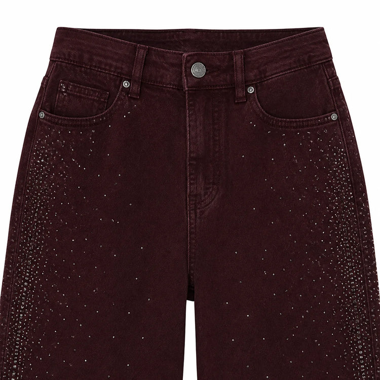 Banana Women's Jeans High Waist Denim Bordeaux Washed Rhinestones Side pants Wide Curves Shine Streetwear For Party Out Citizens Look Fashion Glam FX5429-2