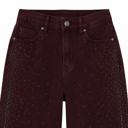 Banana Women's Jeans High Waist Denim Bordeaux Washed Rhinestones Side pants Wide Curves Shine Streetwear For Party Out Citizens Look Fashion Glam FX5429-2