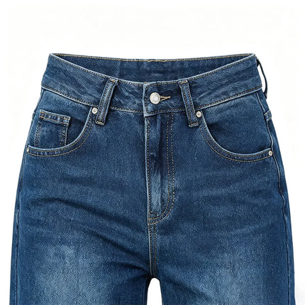 Women's High-Waisted Wide-Leg Jeans, Frayed Hem, Vintage Blue Wash, Slimming Loose Fit, Ideal for Daily Wear, Stylish Casual Look Spring Autumn Yw-1329