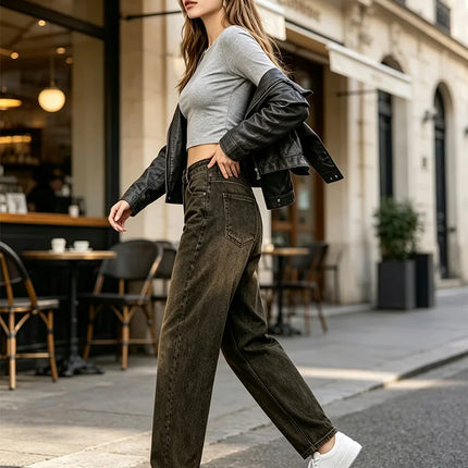 Dark Brown woman Jeans Balloon High Waist Vintage Wash Soft Denim Fit Large Functional Pockets Urban Streetwear Style Curled Cut Perfect For Daily Outfits Casual Outings FX5314-7