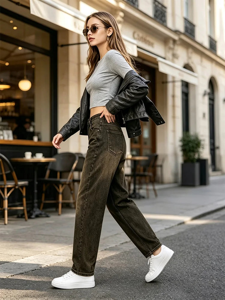 Dark Brown woman Jeans Balloon High Waist Vintage Wash Soft Denim Fit Large Functional Pockets Urban Streetwear Style Curled Cut Perfect For Daily Outfits Casual Outings FX5314-7