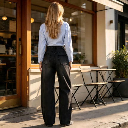 High Waist woman Jeans Barrel Model Black Denim Vintage Wash Sparse Brilliant Detail large trousers Leg Curved Streetwear Y2K Fashion Casual Outfits YW-1842