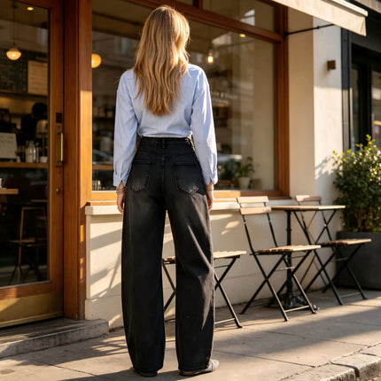 High Waist woman Jeans Barrel Model Black Denim Vintage Wash Sparse Brilliant Detail large trousers Leg Curved Streetwear Y2K Fashion Casual Outfits YW-1842