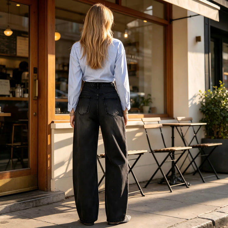 High Waist woman Jeans Barrel Model Black Denim Vintage Wash Sparse Brilliant Detail large trousers Leg Curved Streetwear Y2K Fashion Casual Outfits YW-1842