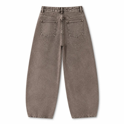 Women's Loose Barrel-Cut Jeans in Grey Acid Wash with Floral Print, Asymmetrical Stitching, Trendy High-Waisted Design, Urban Grunge Streetwear Style, Comfortable Pants, Durable Denim Fabric That Enhances the Silhouette, Fx53