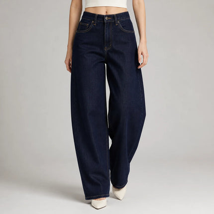Women’s high-waisted barrel jeans, Y2K-style unwashed dark blue denim, large trousers with contrast stitching, comfortable casual streetwear fit, sizes XS–XL sold individually FX5379-6