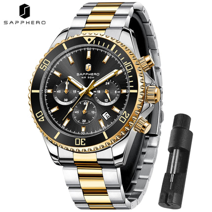 SAPPHERO Orologio Uomo Quarzo Lusso Cronografo Sport Acciaio Inossidabile Impermeabile 50M Data Luminoso Orologio Elegante Business
