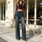 Women's High-Waisted Wide-Leg Jeans in Blue and Black Vintage Style, Loose Fit with Cuffed Hem, Elegant Casual Streetwear Pants, Retro Distressed Wash That Enhances the Silhouette, Flowy Cut That Elongates the Legs, Jf526