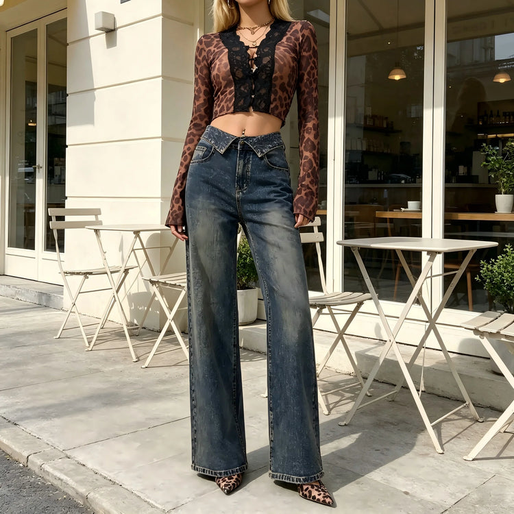 Women's High-Waisted Wide-Leg Jeans in Blue and Black Vintage Style, Loose Fit with Cuffed Hem, Elegant Casual Streetwear Pants, Retro Distressed Wash That Enhances the Silhouette, Flowy Cut That Elongates the Legs, Jf526